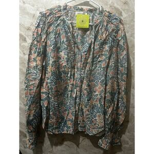 Periwinkle Collection Madison Print Floral Blouse Button Front Smocked Cuff M